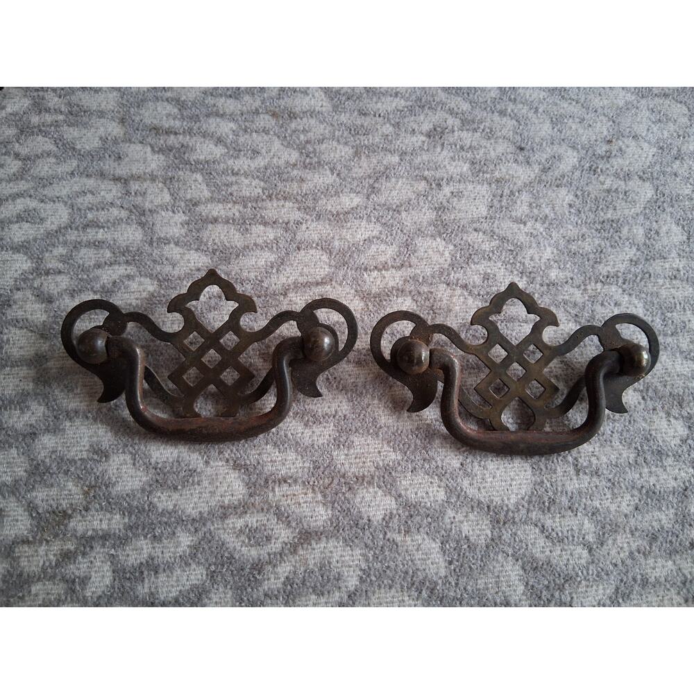 Two Vintage drawer pulls 3.5" Chippendale furniture. Brass & Steel